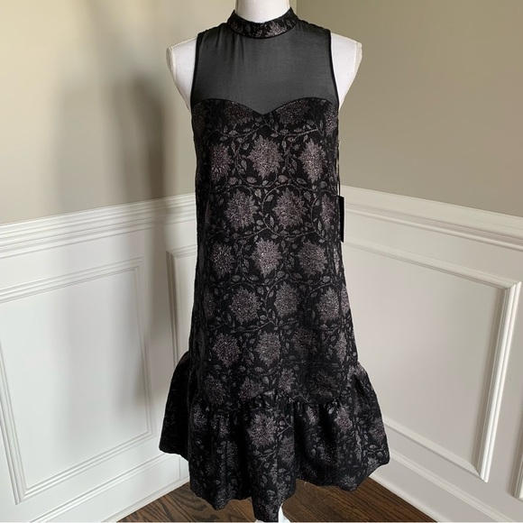 W By Worth Black Anthracite Lurex Brocade Jacquard Ariana Dress Size 6 - Picture 1 of 11